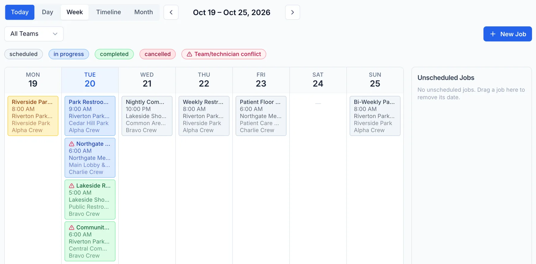 FieldRova week schedule with jobs assigned to Alpha, Bravo and Charlie crews and status colors for scheduled, in progress and completed work